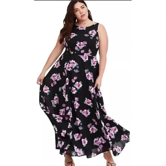 Torrid Women's Size 12 Black &‎ Pink Floral Georgette Sleeveless Maxi Dress - Picture 1 of 8